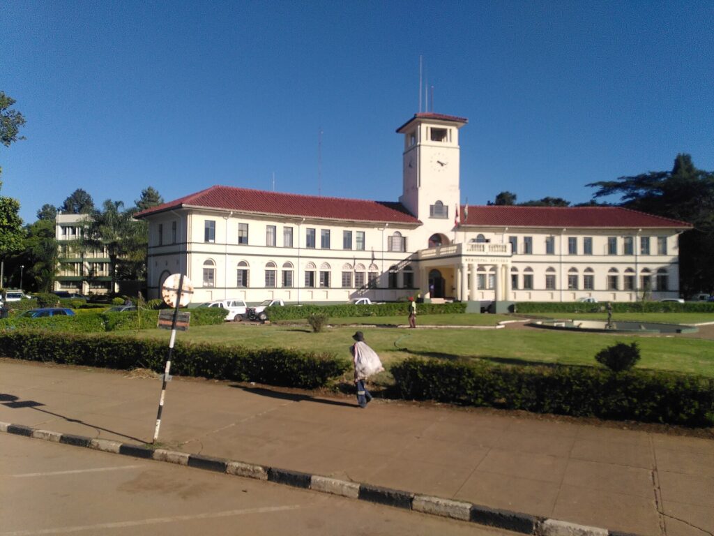 Colonial-era municipal building with a clock tower in Gweru city centre