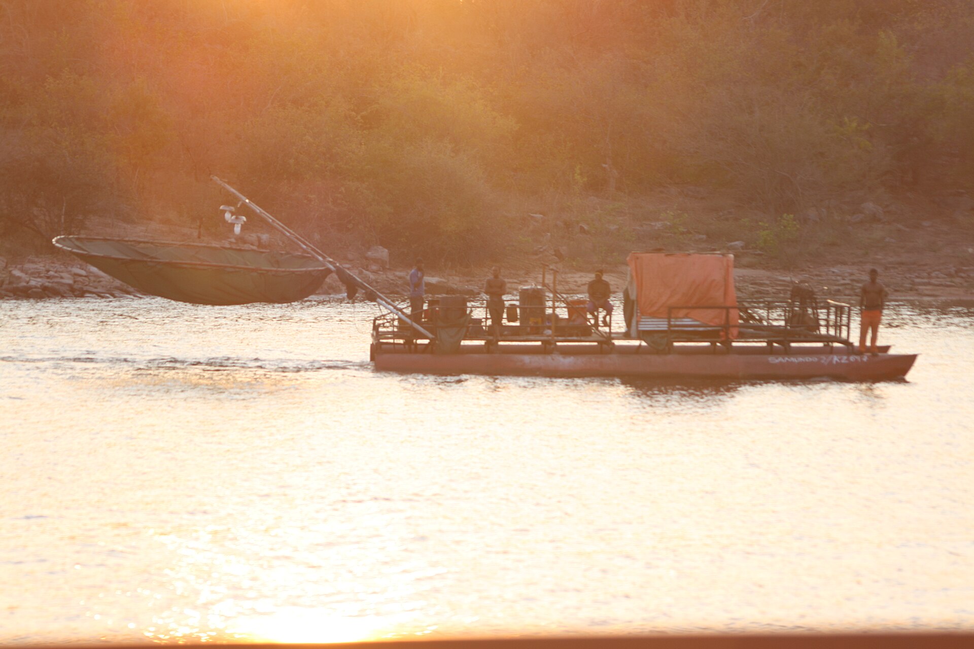 A kapenta fishing rig on Lake Kariba at sunset
